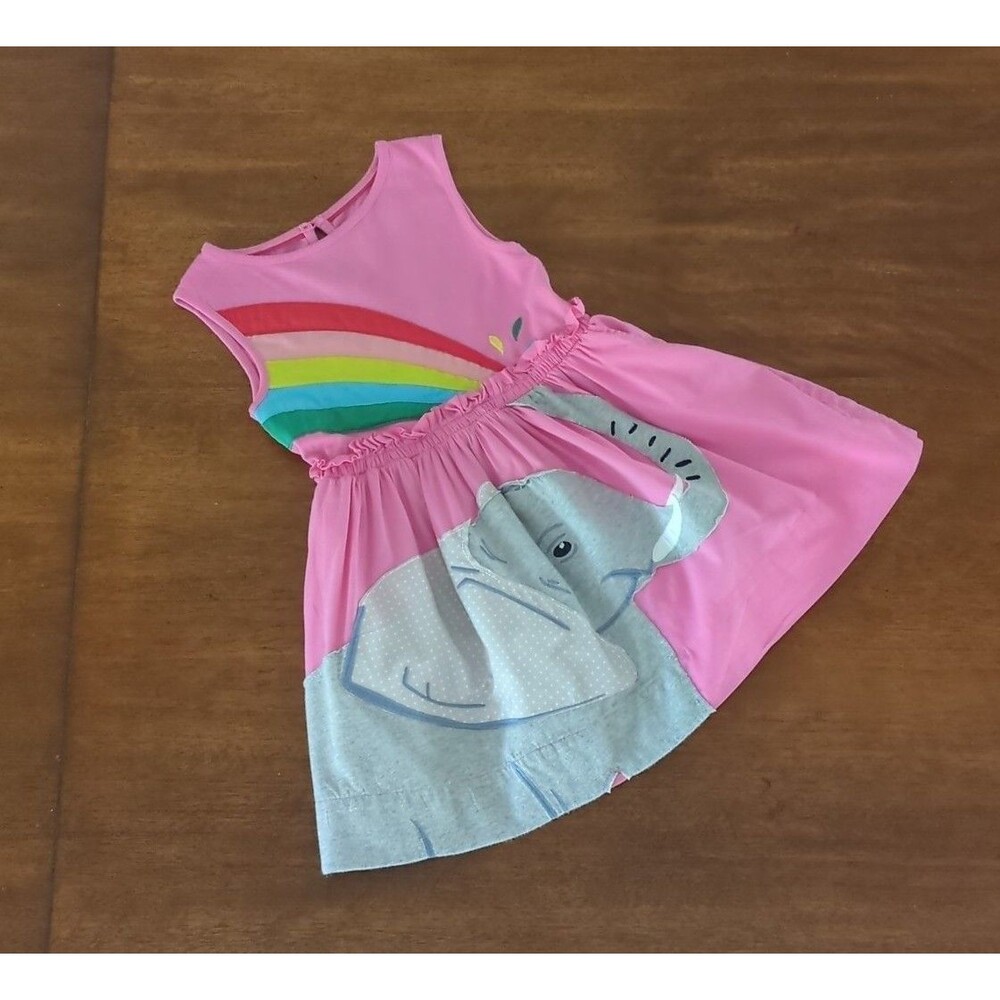 Mini boden girls sleeveless pink dress  rainbow / elephant applique; size 4/5